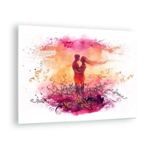 Cuadro sobre vidrio - Impresiones sobre Vidrio - Una pareja romántica en colores abstractos y cálidos. - 70x50cm - ¡Un solo corazón! Necesito tan poco para ser feliz… - Decoración de pared moderna para salón y dormitorio ARTTOR