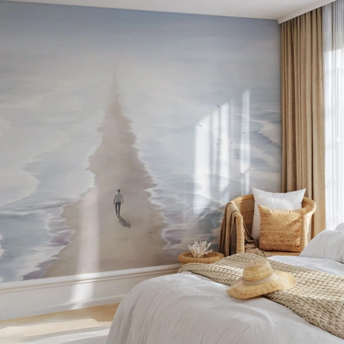 Fotomural Premium Sand - Una figura en un camino entre las olas hacia el horizonte. - 100x70cm - Un futuro brillante - Decoración de pared moderna para salón y dormitorio ARTTOR