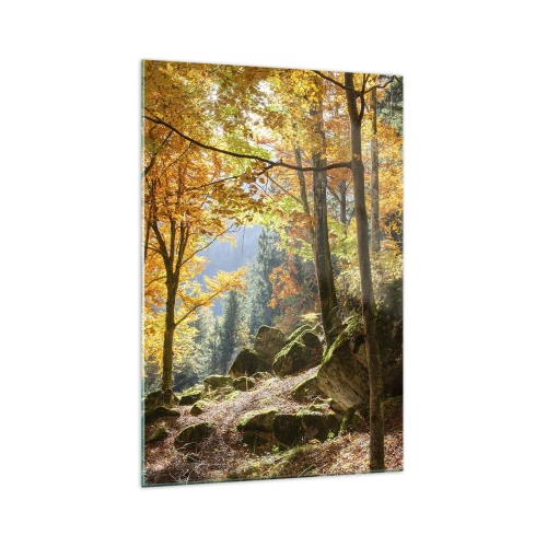 Cuadro sobre vidrio - Impresiones sobre Vidrio - Un bosque otoñal lleno de hojas doradas y luz solar. - 70x100cm - Tiempo de descanso - Decoración de pared moderna para salón y dormitorio ARTTOR