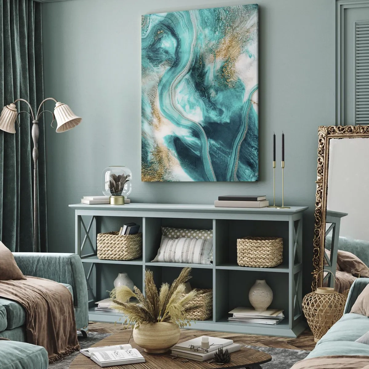 Cuadro sobre lienzo - Impresión de Imagen - Abstracción turquesa con acentos blancos y dorados. - 50x70cm - Río de oro - Decoración de pared moderna para salón y dormitorio ARTTOR