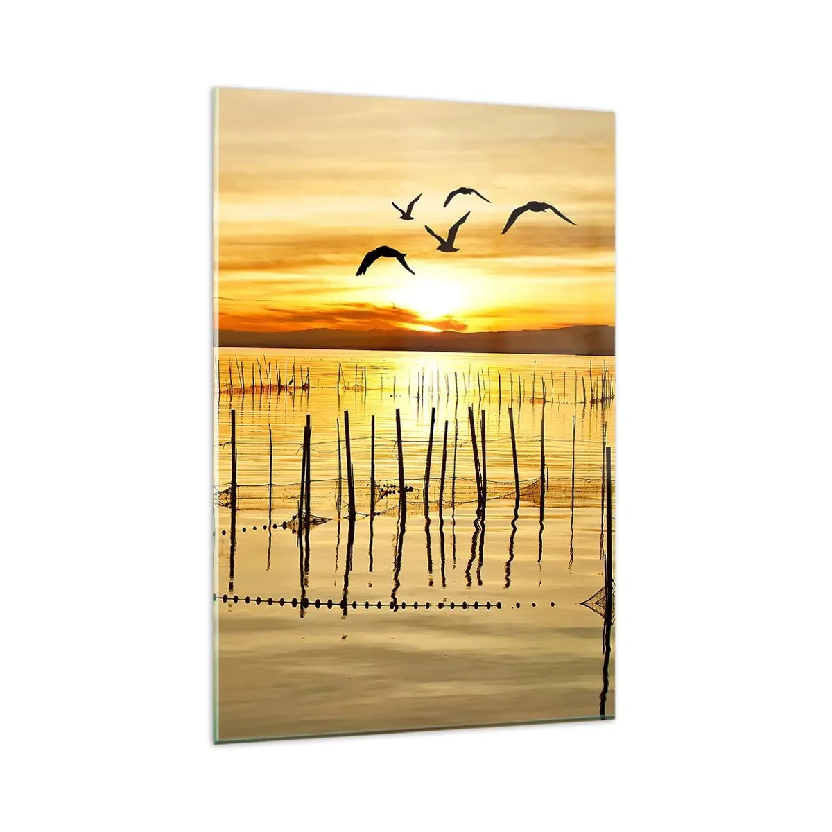 Cuadro sobre vidrio - Impresiones sobre Vidrio - Puesta de sol sobre el agua con pájaros en vuelo - 80x120cm - Horizonte naranja - Decoración de pared moderna para salón y dormitorio ARTTOR