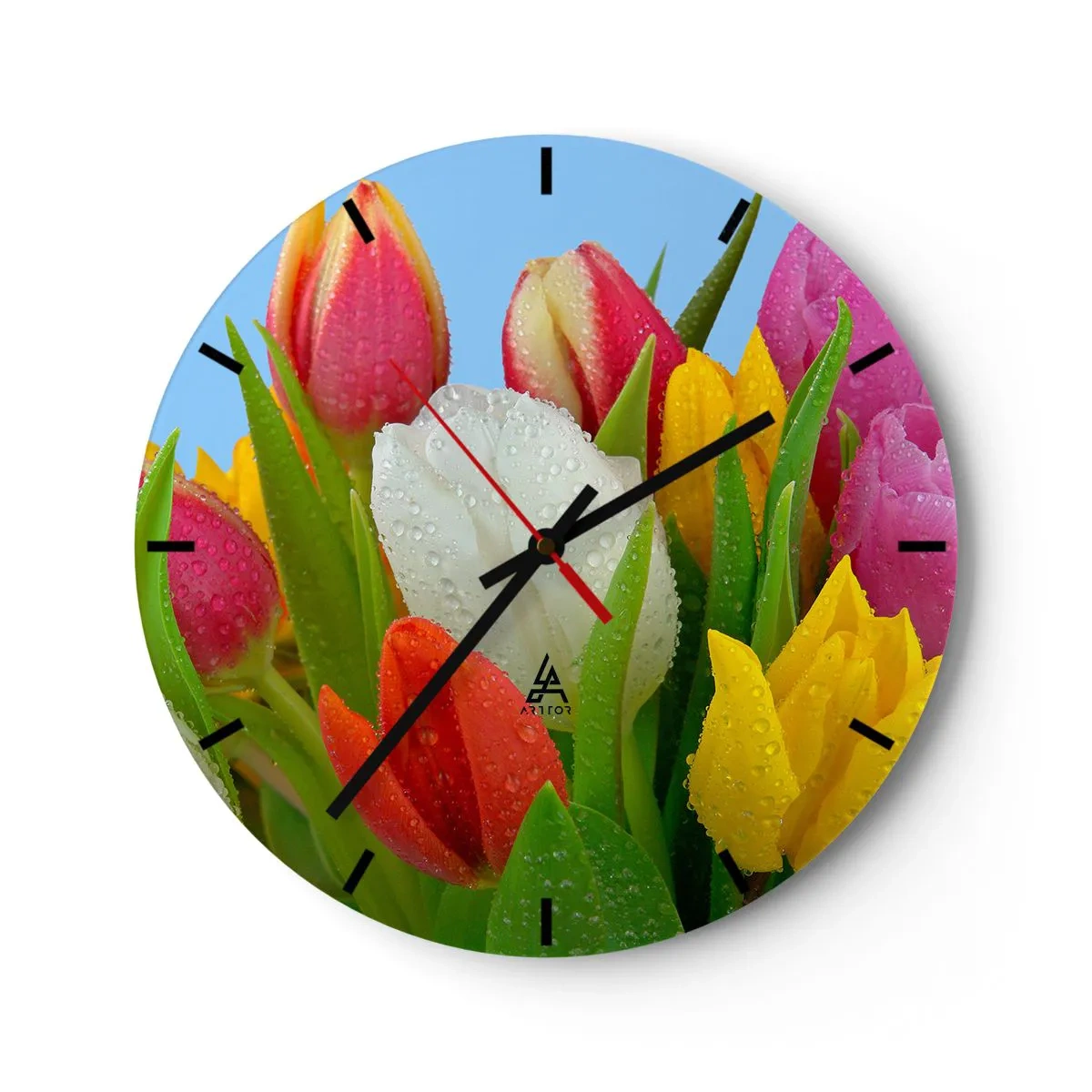 Reloj de pared - Reloj de vidrio - Arco iris floral en gotas de rocío - 40x40 cm