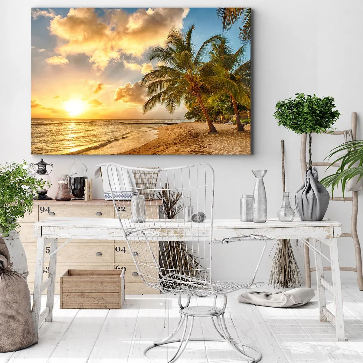Cuadro sobre lienzo - Impresión de Imagen - Playa con palmeras y puesta de sol sobre el océano. - 70x50cm - El eterno verano, siempre de vacaciones - Decoración de pared moderna para salón y dormitorio ARTTOR