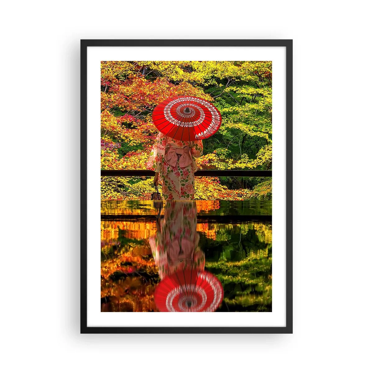 Póster en marco negro - Una mujer con un kimono y un paraguas rojo sobre un fondo de hojas otoñales. - 50x70cm - En un templo de la naturaleza - Decoración de pared moderna para salón y dormitorio ARTTOR