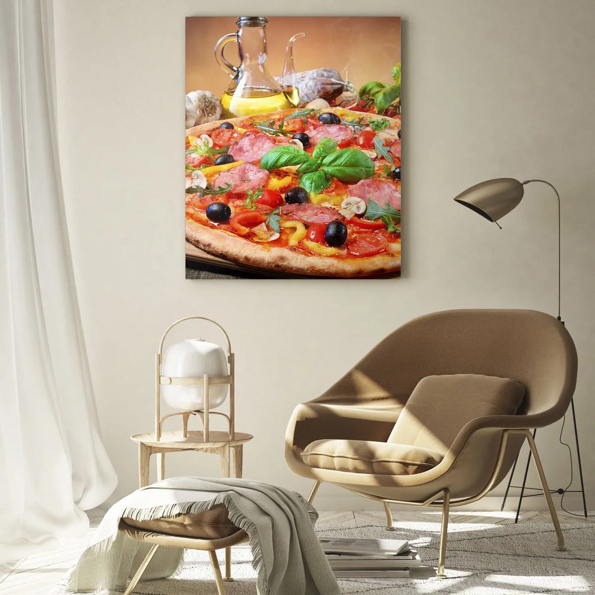 Cuadro sobre vidrio - Impresiones sobre Vidrio - Pizza con ingredientes sobre una mesa de madera con aceite de oliva y especias. - 50x70cm - Con un verdadero sabor italiano - Decoración de pared moderna para salón y dormitorio ARTTOR