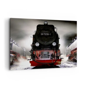 Cuadro sobre lienzo - Impresión de Imagen - Una locomotora de vapor rodeada de vapor contra un cielo oscuro en un entorno atmosférico. - 100x70cm - De pie, jadeando y soplando - Decoración de pared moderna para salón y dormitorio ARTTOR