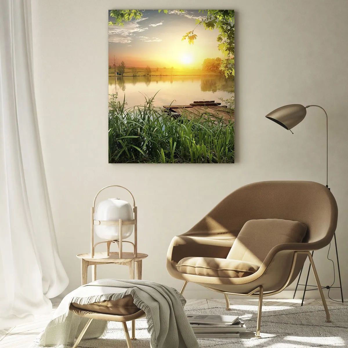 Cuadro sobre vidrio - Impresiones sobre Vidrio - Paisaje con un lago rodeado de vegetación al atardecer - 50x70cm - Paisaje en un marco verde - Decoración de pared moderna para salón y dormitorio ARTTOR