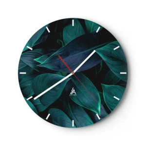 Reloj de pared - Reloj de vidrio - Hojas tropicales de color verde oscuro sobre un fondo negro - 30x30cm - El propio verde - Decoración de pared moderna para salón, cocina y dormitorio ARTTOR