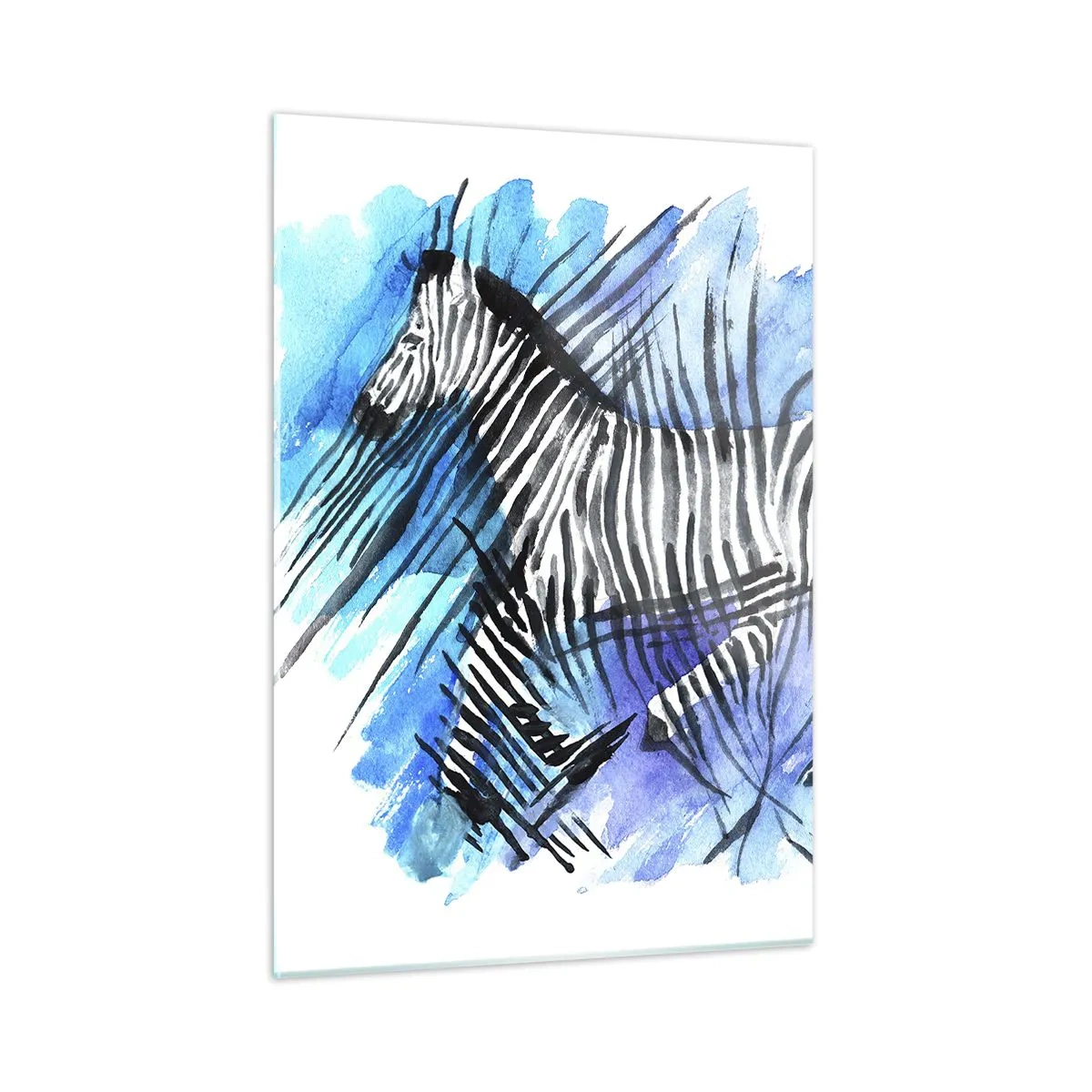 Cuadro sobre vidrio - Impresiones sobre Vidrio - Una cebra en una composición artística de acuarela sobre un fondo azul. - 50x70cm - Oculto en las rayas - Decoración de pared moderna para salón y dormitorio ARTTOR