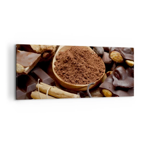 Cuadro sobre lienzo - Impresión de Imagen - Una cucharada de ingredientes de cacao y chocolate en un arreglo rústico. - 120x50cm - Lo mejor para las penas - Decoración de pared moderna para salón y dormitorio ARTTOR