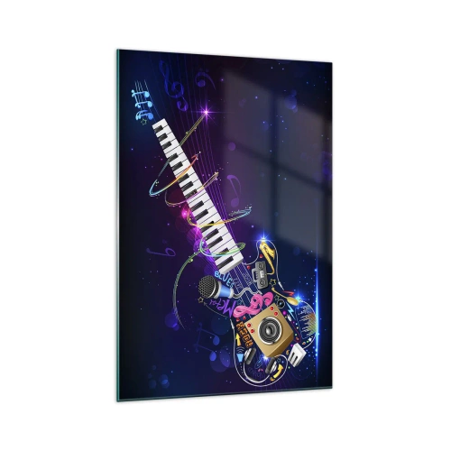 Cuadro sobre vidrio - Impresiones sobre Vidrio - Una guitarra colorida con un teclado y un micrófono sobre un fondo oscuro. - 70x100cm - El poder del ritmo - Decoración de pared moderna para salón y dormitorio ARTTOR