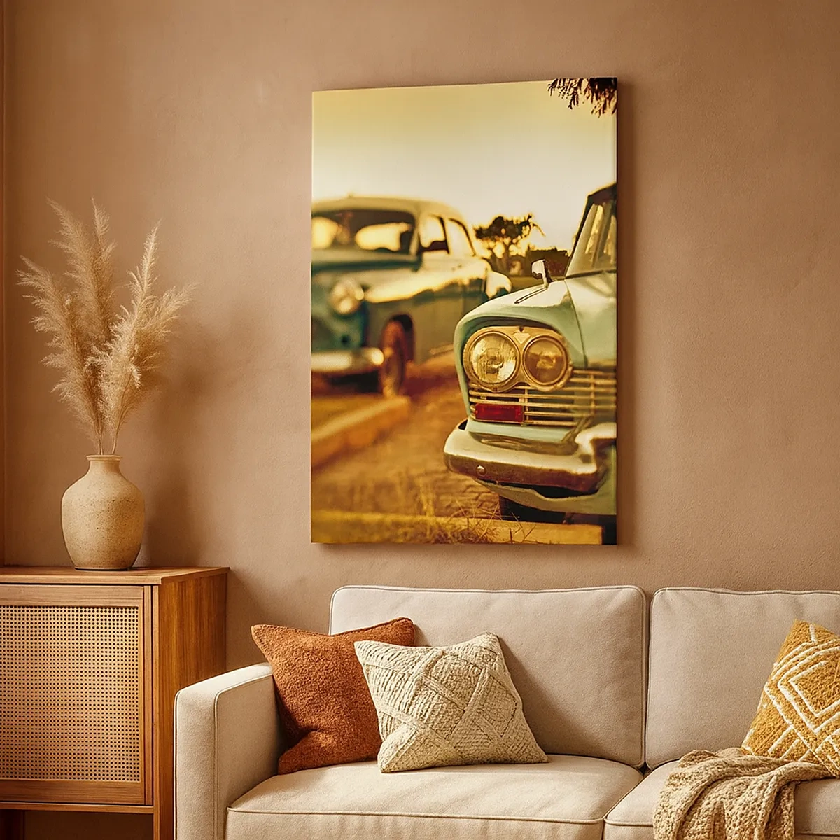 Cuadro sobre lienzo - Impresión de Imagen - Coches clásicos bajo la cálida luz del atardecer. - 50x70cm - A la espera del futuro - Decoración de pared moderna para salón y dormitorio ARTTOR