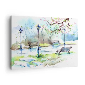 Cuadro sobre lienzo - Impresión de Imagen - Escena de parque de acuarela con bancos y lámparas. - 70x50cm - El encanto del silencio del parque - Decoración de pared moderna para salón y dormitorio ARTTOR