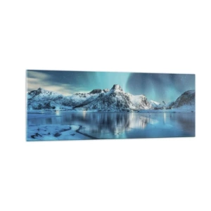 Cuadro sobre vidrio - Impresiones sobre Vidrio - Aurora boreal sobre montañas nevadas y un lago - 140x50cm - Una noche de luz - Decoración de pared moderna para salón y dormitorio ARTTOR