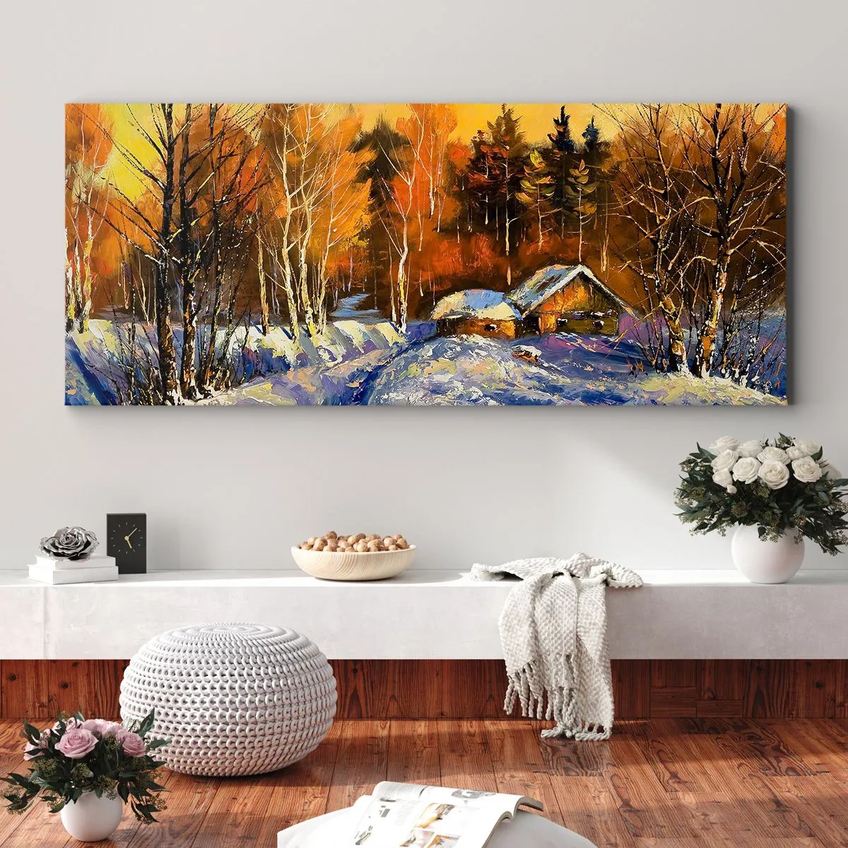 Cuadro sobre lienzo - Impresión de Imagen - Paisaje invernal con una casa a la luz del sol poniente. - 120x50cm - Una impresión invernal al sol - Decoración de pared moderna para salón y dormitorio ARTTOR