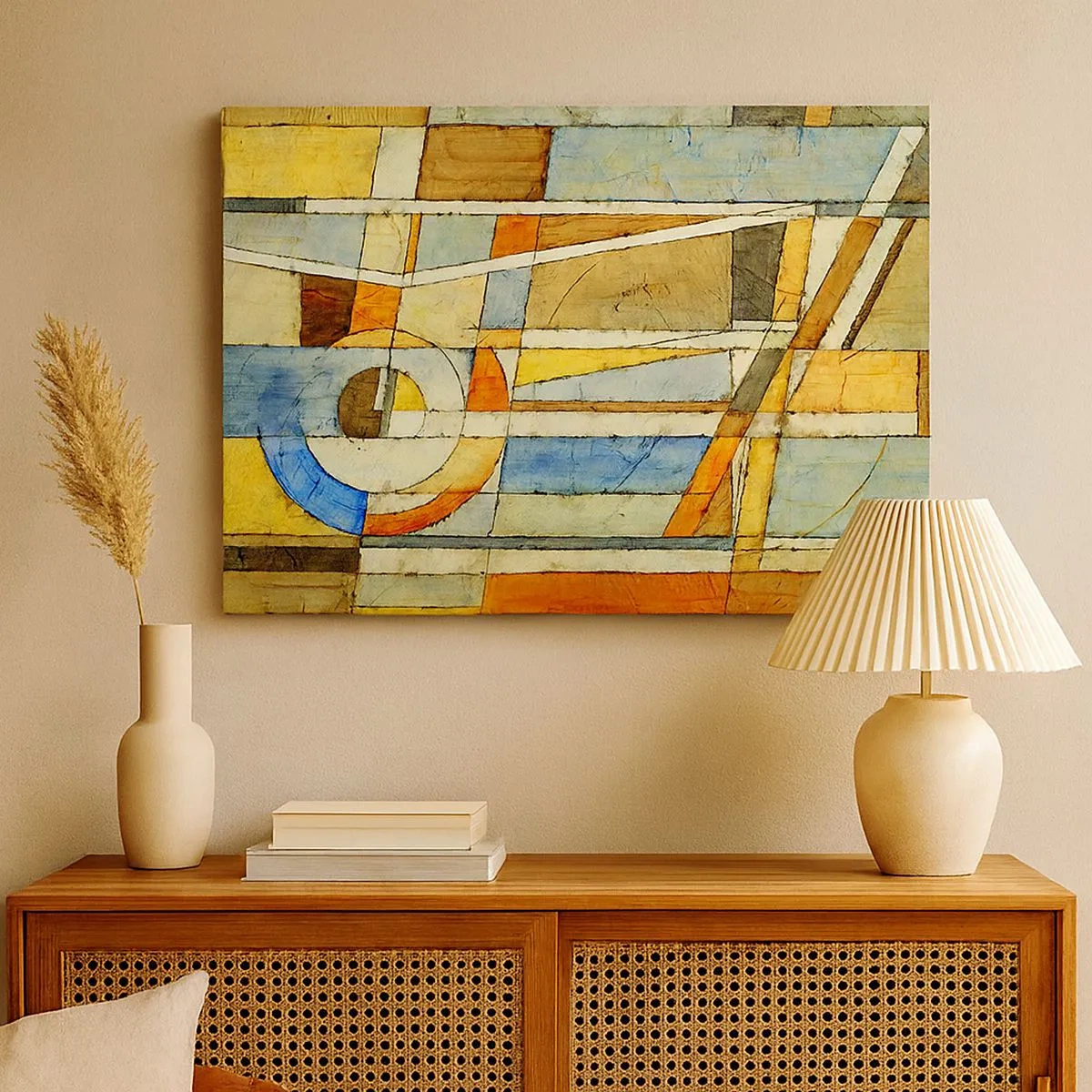 Cuadro sobre lienzo - Impresión de Imagen - Abstracción geométrica en tonos beige, azul y naranja. - 70x50cm - Cubismo en una obra - Decoración de pared moderna para salón y dormitorio ARTTOR