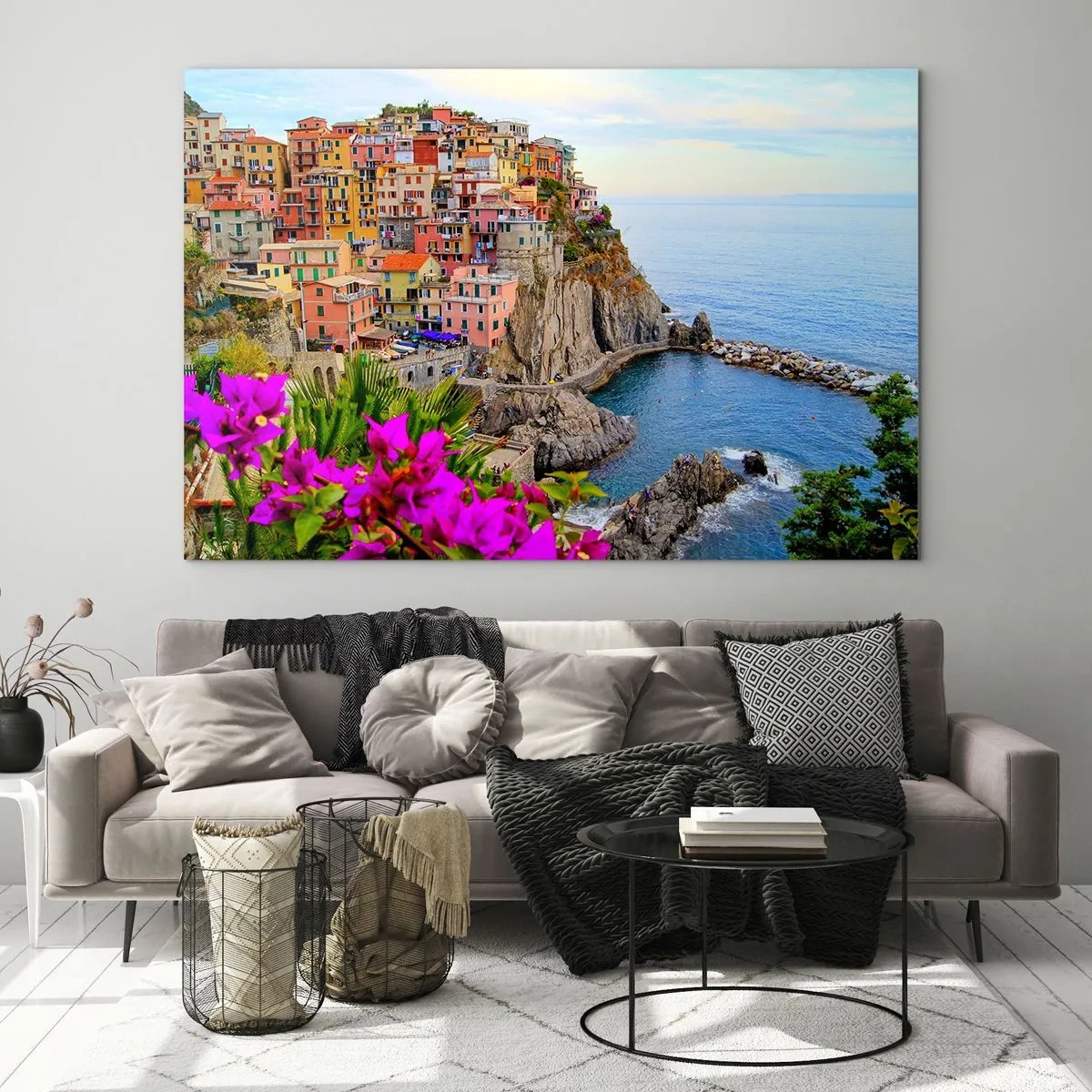Cuadro sobre vidrio - Impresiones sobre Vidrio - Casas de colores en un acantilado con vistas al mar - 120x80cm - La ciudad de la risa - Decoración de pared moderna para salón y dormitorio ARTTOR