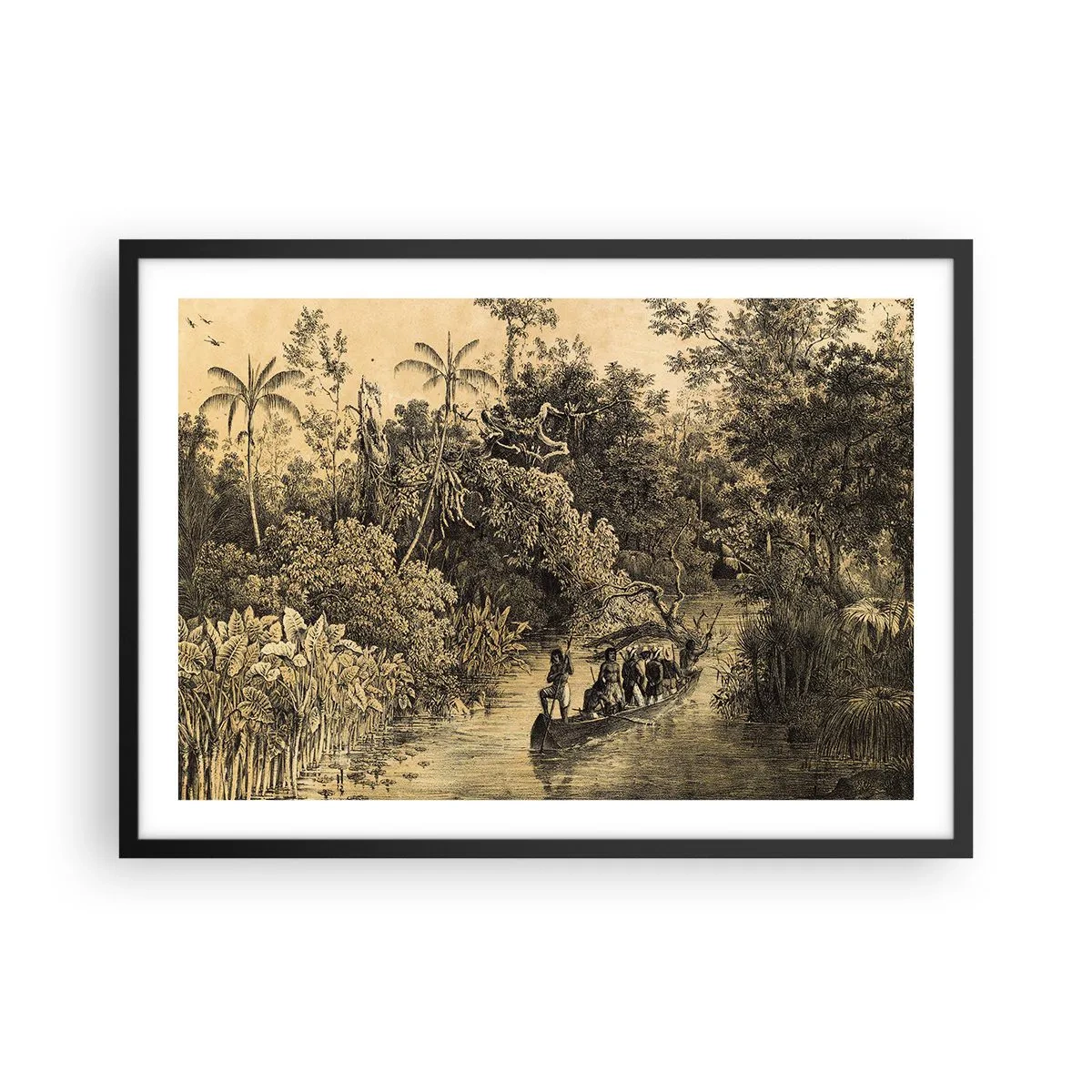 Póster en marco negro - Dibujo de una jungla con un barco en un río. - 70x50cm - Expedición a la fuente - Decoración de pared moderna para salón y dormitorio ARTTOR