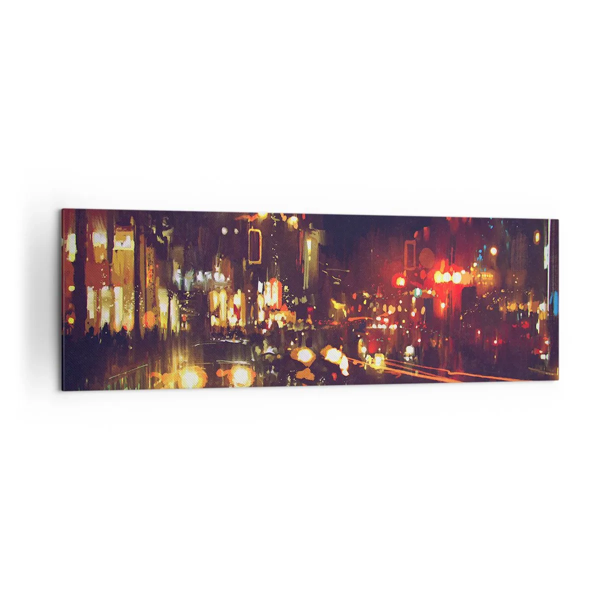 Cuadro sobre lienzo - Impresión de Imagen - Escena nocturna de la ciudad con luces de colores y reflejos en la calle. - 160x50cm - Hundido en la luz de la noche - Decoración de pared moderna para salón y dormitorio ARTTOR