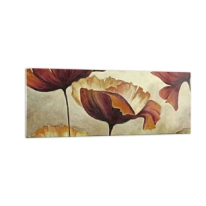 Cuadro sobre vidrio - Impresiones sobre Vidrio - Flores sutiles en tonos rojos y dorados sobre un fondo claro. - 140x50cm - Prado de prados - Decoración de pared moderna para salón y dormitorio ARTTOR