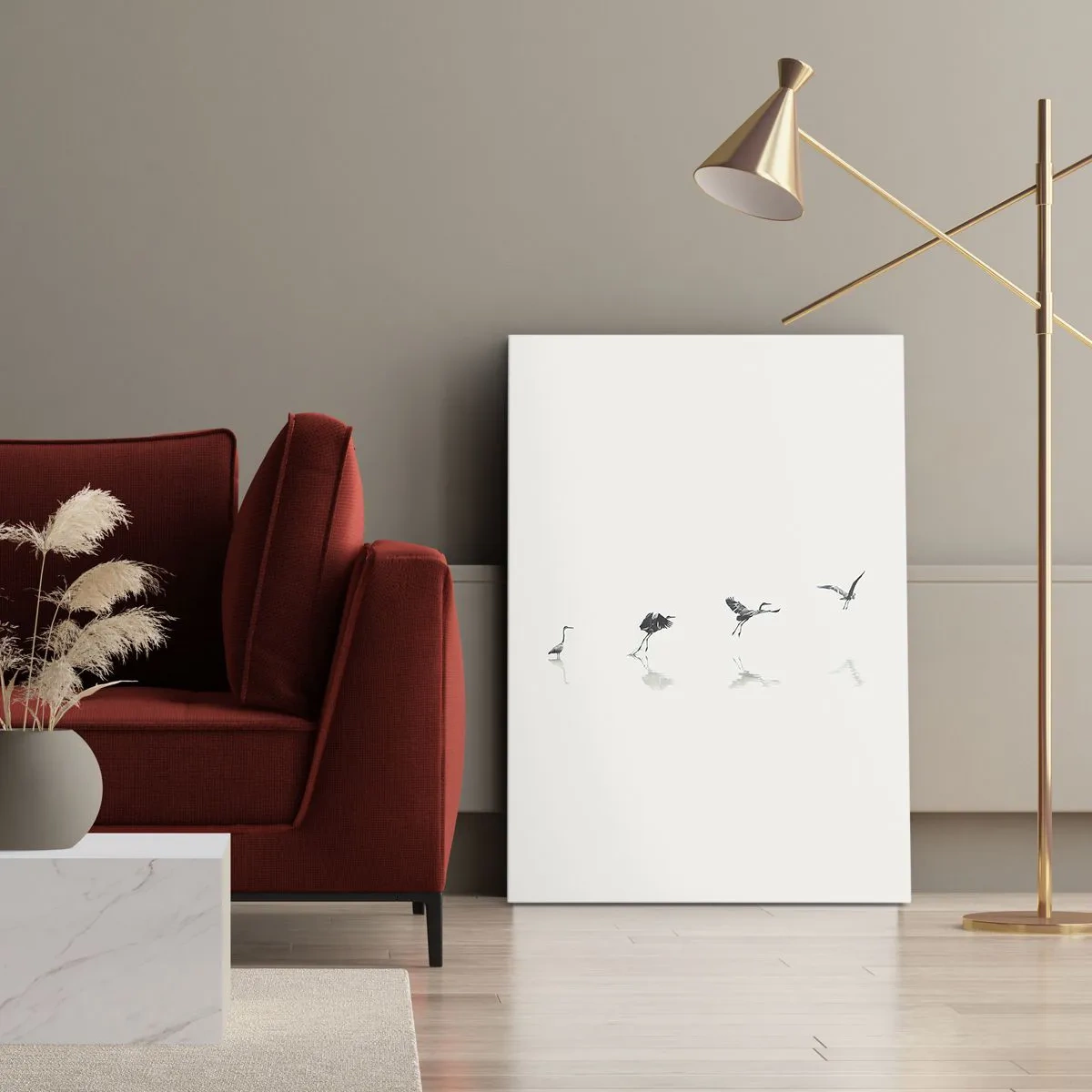 Cuadro sobre lienzo - Impresión de Imagen - Cuatro siluetas de aves reflejadas en el agua tranquila. - 50x70cm - Cuatro sencillos pasos para despegar - Decoración de pared moderna para salón y dormitorio ARTTOR