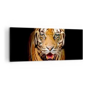 Cuadro sobre lienzo - Impresión de Imagen - Un tigre con la boca abierta sobre un fondo negro. - 120x50cm - Salvaje de corazón - Decoración de pared moderna para salón y dormitorio ARTTOR