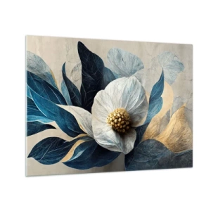 Cuadro sobre vidrio - Impresiones sobre Vidrio - Un arreglo floral blanco con hojas azul marino y un centro dorado. - 70x50cm - Con un corazón de oro - Decoración de pared moderna para salón y dormitorio ARTTOR