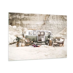 Cuadro sobre vidrio - Impresiones sobre Vidrio - Interior de una furgoneta camper en un entorno desértico, con elementos bohemios y naturales. - 100x70cm - Hora de empezar el viaje - Decoración de pared moderna para salón y dormitorio ARTTOR