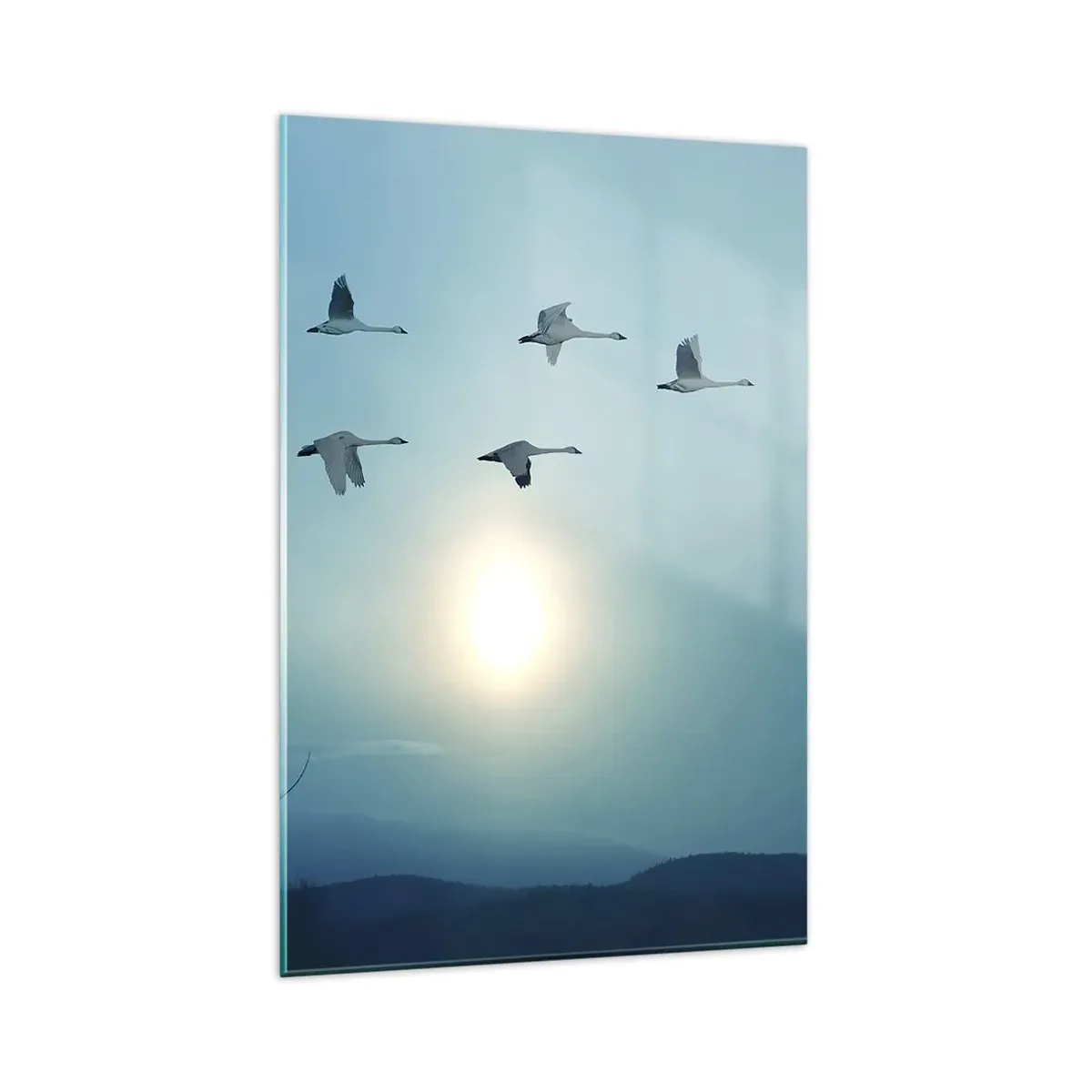Cuadro sobre vidrio - Impresiones sobre Vidrio - Cisnes volando por la mañana - 80x120cm - Adiós al verano por un año - Decoración de pared moderna para salón y dormitorio ARTTOR