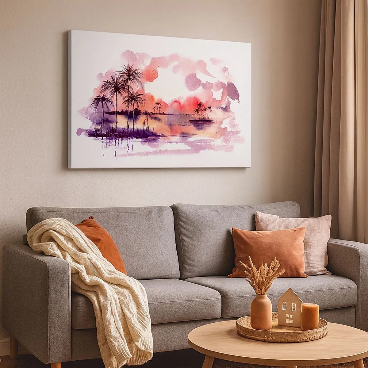 Cuadro sobre lienzo - Impresión de Imagen - Paisaje tropical con palmeras al atardecer en acuarela. - 70x50cm - La calma de los trópicos en rojo - Decoración de pared moderna para salón y dormitorio ARTTOR