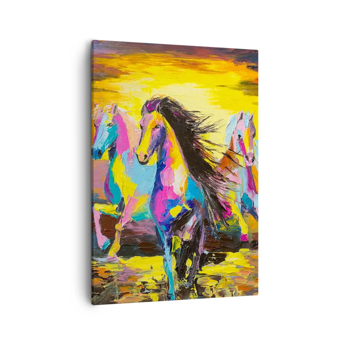 Cuadro sobre lienzo - Impresión de Imagen - Caballos coloridos galopando con el sol poniente como telón de fondo - 50x70cm - Sumergido en un arco iris - Decoración de pared moderna para salón y dormitorio ARTTOR