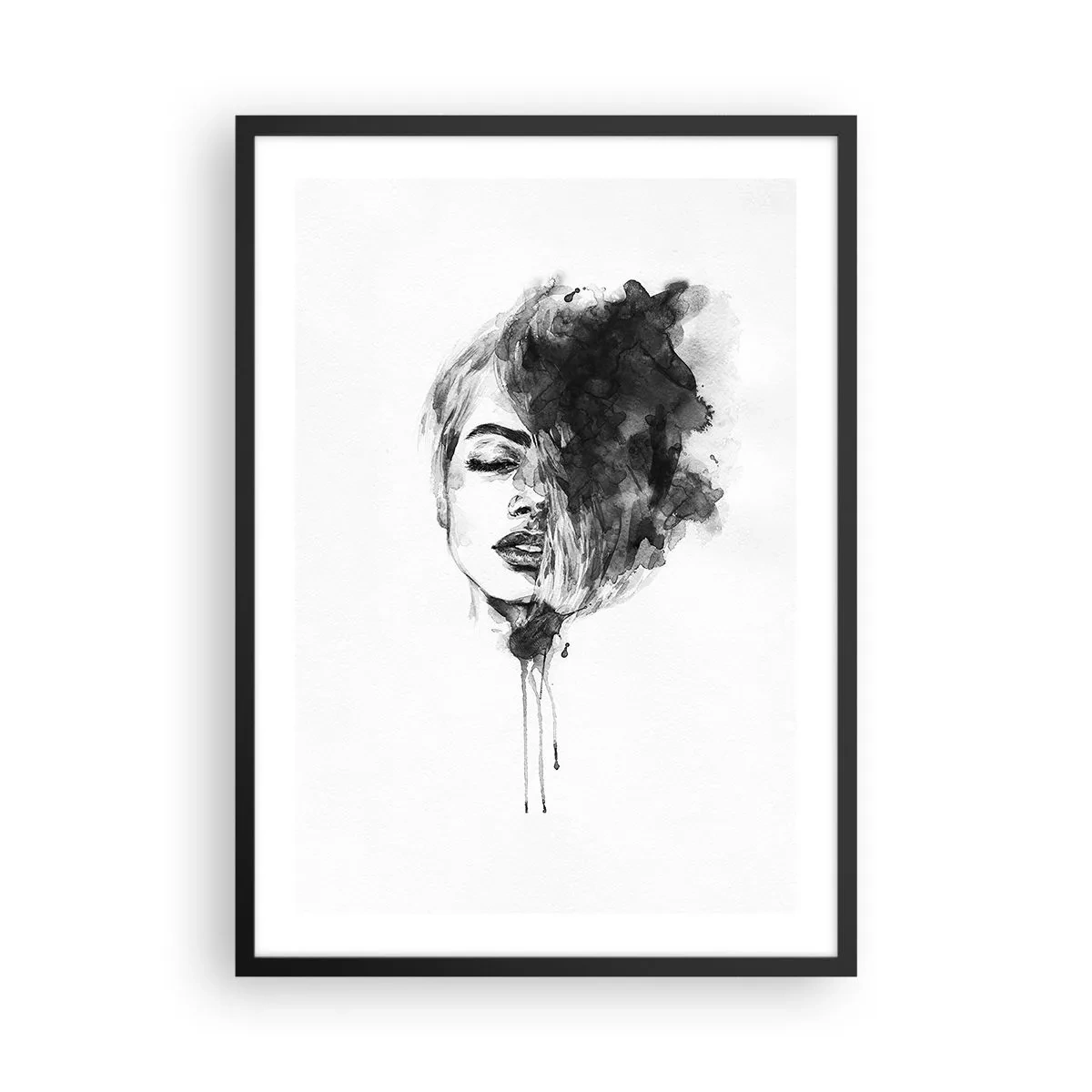 Póster en marco negro - Retrato de una mujer en acuarela en blanco y negro - 50x70cm - Sueños en femenino - Decoración de pared moderna para salón y dormitorio ARTTOR