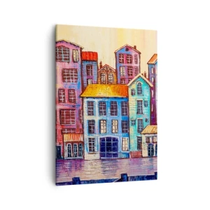 Cuadro sobre lienzo - Impresión de Imagen - Casas de vecindad coloridas junto al agua en un estilo artístico - 50x70cm - Una ciudad como un cuento de hadas - Decoración de pared moderna para salón y dormitorio ARTTOR