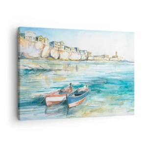 Cuadro sobre lienzo - Impresión de Imagen - Un pintoresco paisaje costero con barcos en el agua. - 70x50cm - Paisaje en azul - Decoración de pared moderna para salón y dormitorio ARTTOR