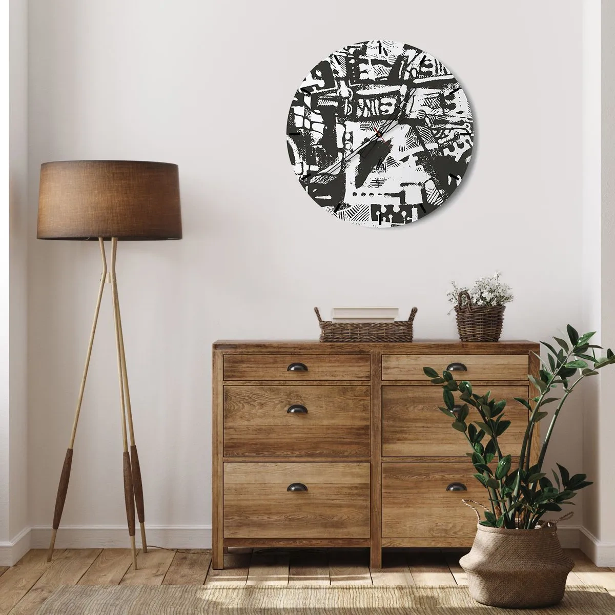 Reloj de pared - Reloj de vidrio - Patrón abstracto en blanco y negro con formas geométricas. - 30x30cm - ¿Orden o caos? - Decoración de pared moderna para salón, cocina y dormitorio ARTTOR