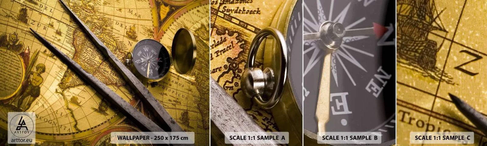 Muestra De Fotomural Standard Eco - ¿Dónde están los tesoros? - Brújula, Mapa del mundo, Viajes - 100x30 cm