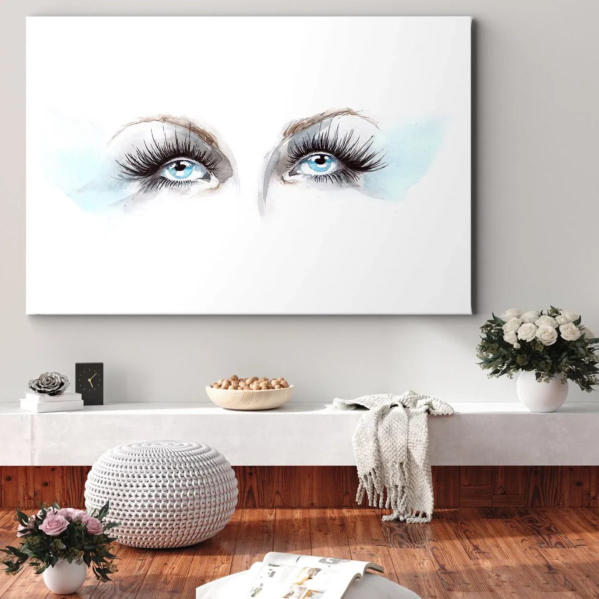 Cuadro sobre lienzo - Impresión de Imagen - Acuarela con ojos azules y acentos delicados. - 120x80cm - ¿Los ojos de un ángel? - Decoración de pared moderna para salón y dormitorio ARTTOR