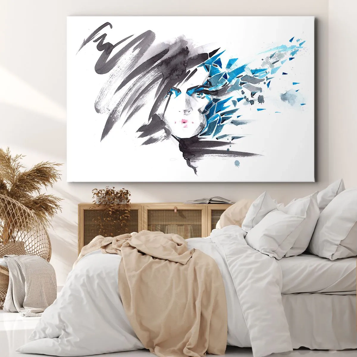Cuadro sobre lienzo - Impresión de Imagen - Pintura facial artística de acuarela con acentos azules. - 70x50cm - Un sensual retrato en gris y azul - Decoración de pared moderna para salón y dormitorio ARTTOR