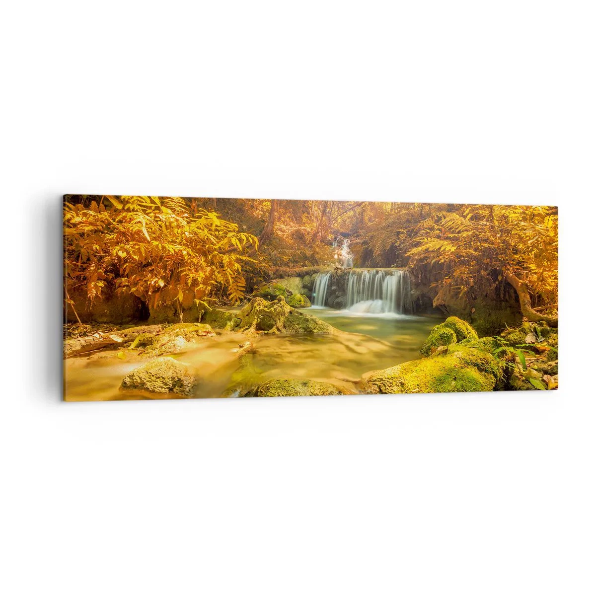 Cuadro sobre lienzo - Impresión de Imagen - Una cascada dorada en un bosque otoñal rodeado de vegetación. - 140x50cm - Cascada forestal en oro - Decoración de pared moderna para salón y dormitorio ARTTOR