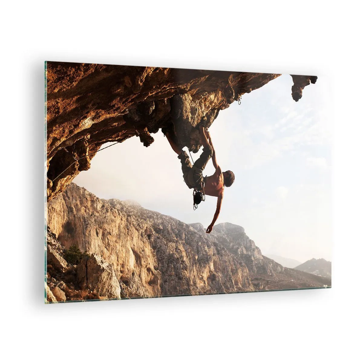Cuadro sobre vidrio - Impresiones sobre Vidrio - Escalando una roca vertical en un paisaje montañoso - 70x50cm - Un mundo en la roca - Decoración de pared moderna para salón y dormitorio ARTTOR