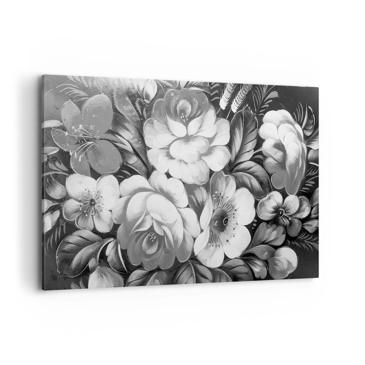 Cuadro sobre lienzo - Impresión de Imagen - Flores en blanco y negro en una composición clásica y elegante. - 120x80cm - Hermoso incluso en el gris - Decoración de pared moderna para salón y dormitorio ARTTOR
