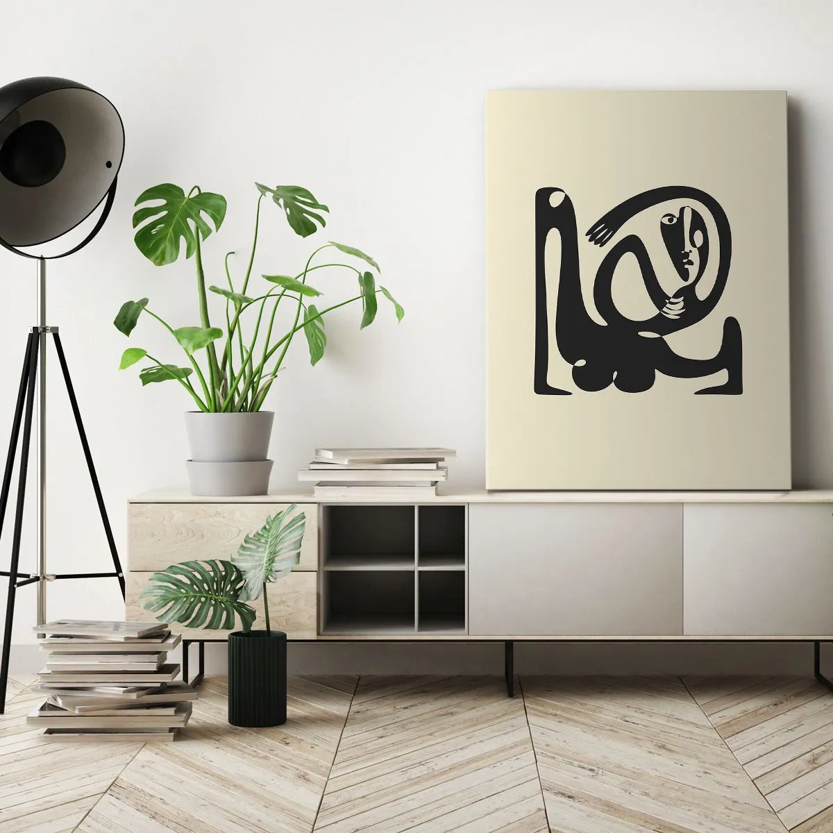 Cuadro sobre lienzo - Impresión de Imagen - Una figura abstracta en negro sobre un fondo beige. - 50x70cm - Casi Picasso - Decoración de pared moderna para salón y dormitorio ARTTOR