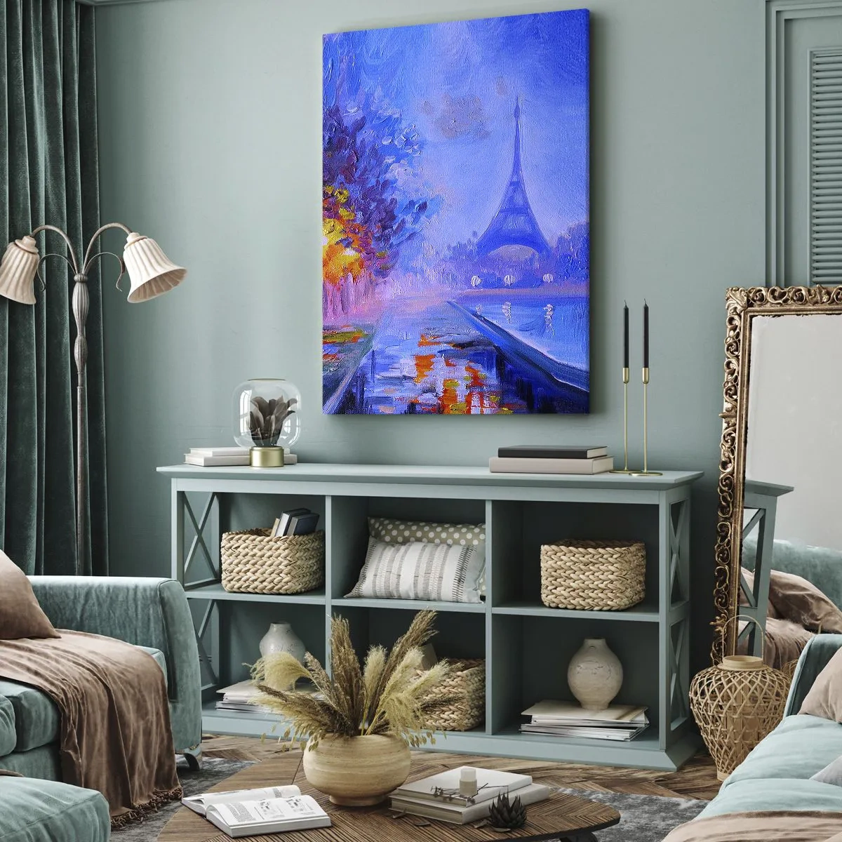 Cuadro sobre lienzo - Impresión de Imagen - Una avenida con farolas en París con la Torre Eiffel al fondo - 50x70cm - Un paseo de ensueño - Decoración de pared moderna para salón y dormitorio ARTTOR