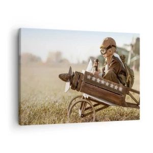 Cuadro sobre lienzo - Impresión de Imagen - Un niño en un avión de juguete con un campo al fondo. - 70x50cm - Despegue hacia un sueño - Decoración de pared moderna para salón y dormitorio ARTTOR