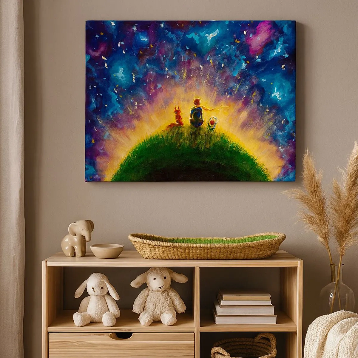 Cuadro sobre lienzo - Impresión de Imagen - Figuras en una colina verde rodeada de un cielo estrellado. - 70x50cm - Amor y amistad - lo único entero - Decoración de pared moderna para salón y dormitorio ARTTOR