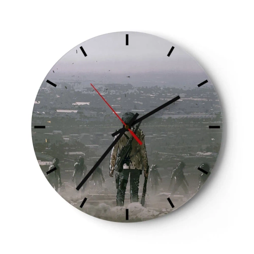 Reloj de pared - Reloj de vidrio - Una figura con una pistola en el contexto de una ciudad y una niebla misteriosa. - 30x30cm - Soy leyenda - Decoración de pared moderna para salón, cocina y dormitorio ARTTOR