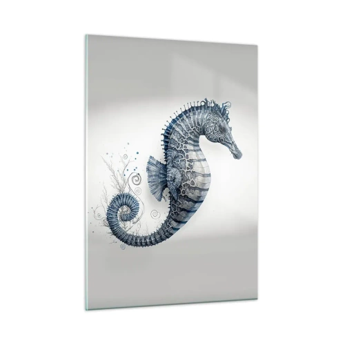 Cuadro sobre vidrio - Impresiones sobre Vidrio - Caballito de mar azul sobre un fondo claro en un estilo de dibujo - 50x70cm - Una sutil broma de la naturaleza - Decoración de pared moderna para salón y dormitorio ARTTOR