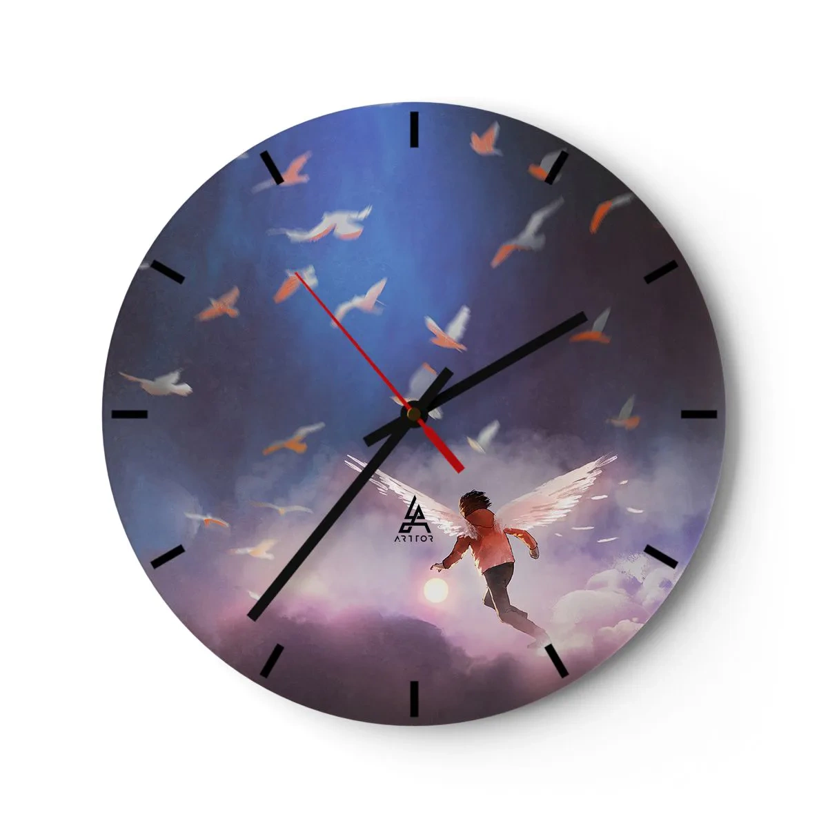 Reloj de pared - Reloj de vidrio - Una figura con alas de ángel entre pájaros contra el cielo. - 30x30cm - Imaginación y valor - Decoración de pared moderna para salón, cocina y dormitorio ARTTOR