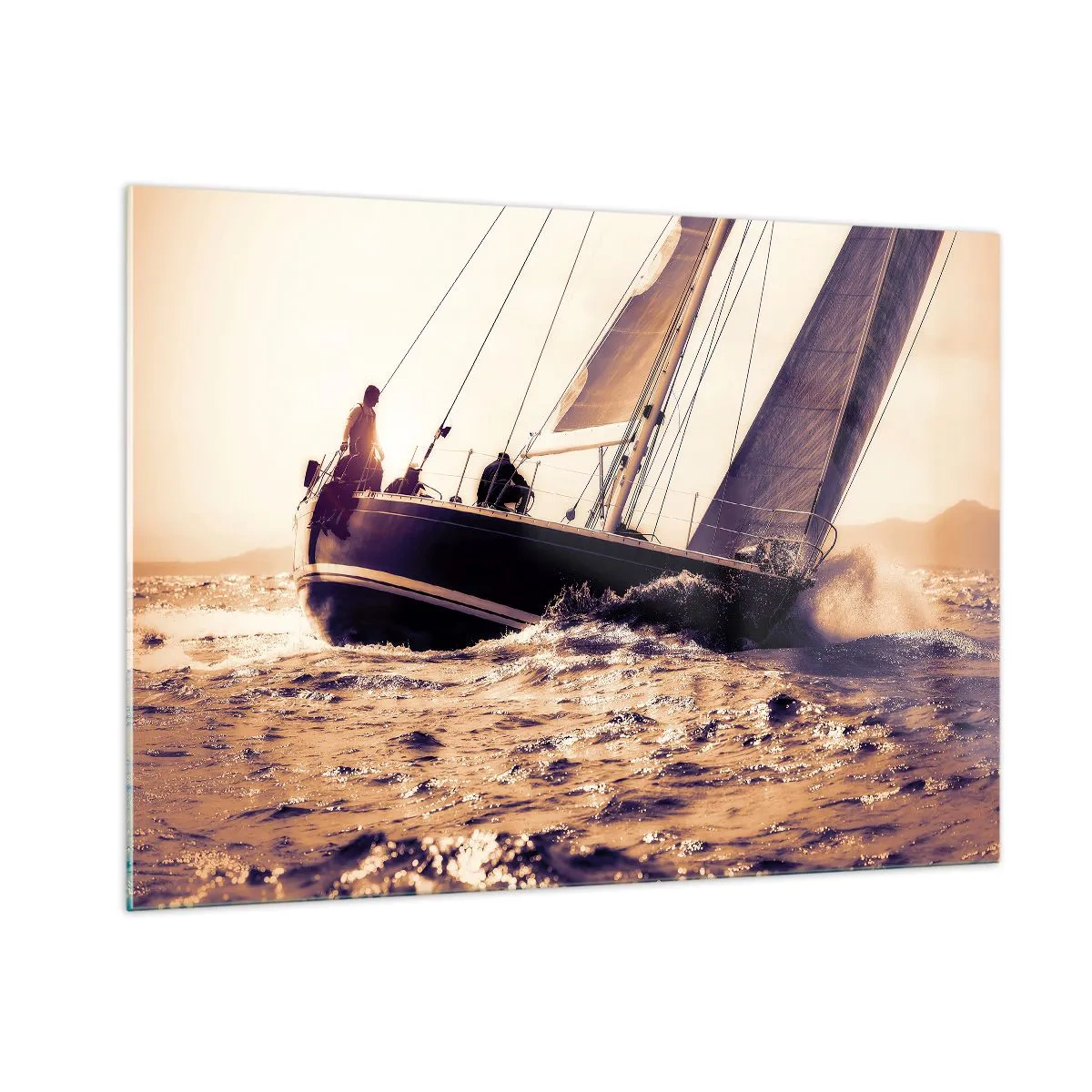 Cuadro sobre vidrio - Impresiones sobre Vidrio - Un velero en un mar tempestuoso en tonos cálidos. - 100x70cm - Navega, marinero - Decoración de pared moderna para salón y dormitorio ARTTOR
