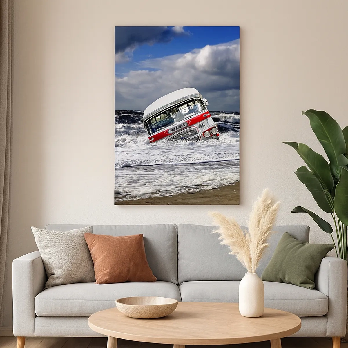 Cuadro sobre lienzo - Impresión de Imagen - Un autobús hundido en la playa en medio de olas y mares agitados - 50x70cm - ¿Y qué te sorprende? - Decoración de pared moderna para salón y dormitorio ARTTOR